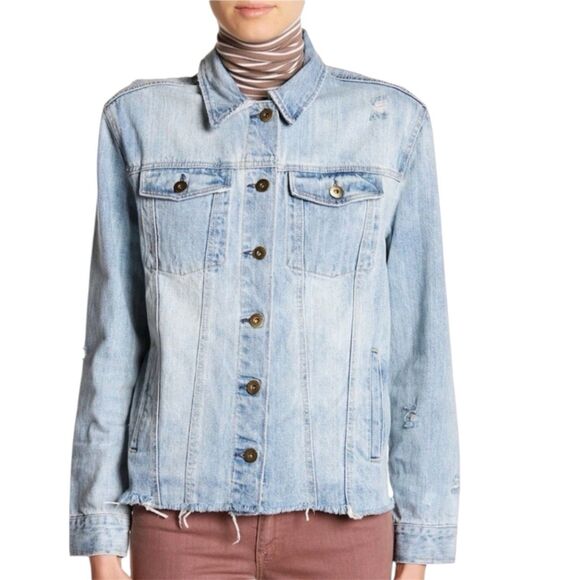 Pistola Cropped Denim Long Sleeve Jacket Raw Hem Size Medium Blue - Picture 3 of 16